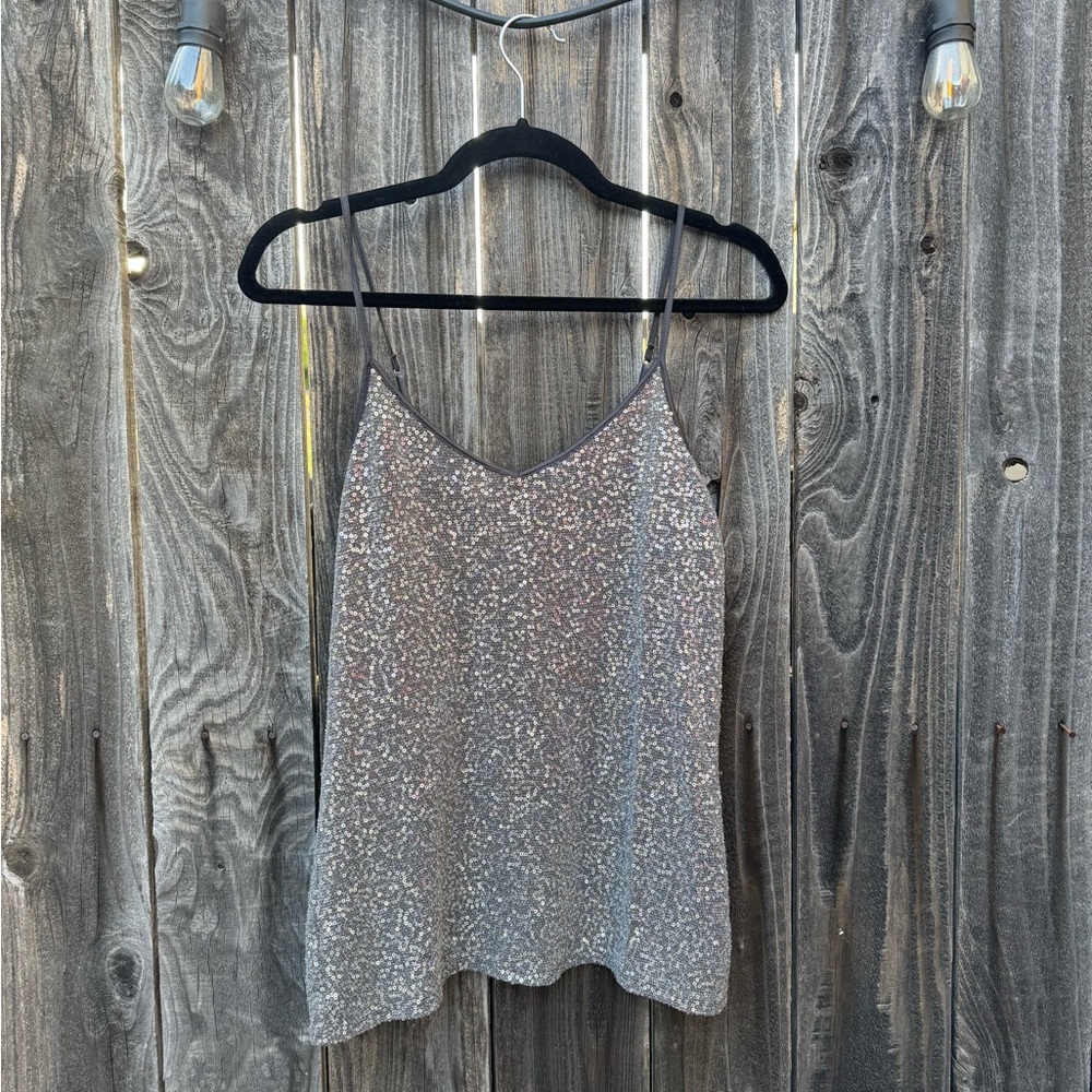 🔴Express Elegant Grey Women's Grey and Silver Sparkle Cami Top with Sequins Med